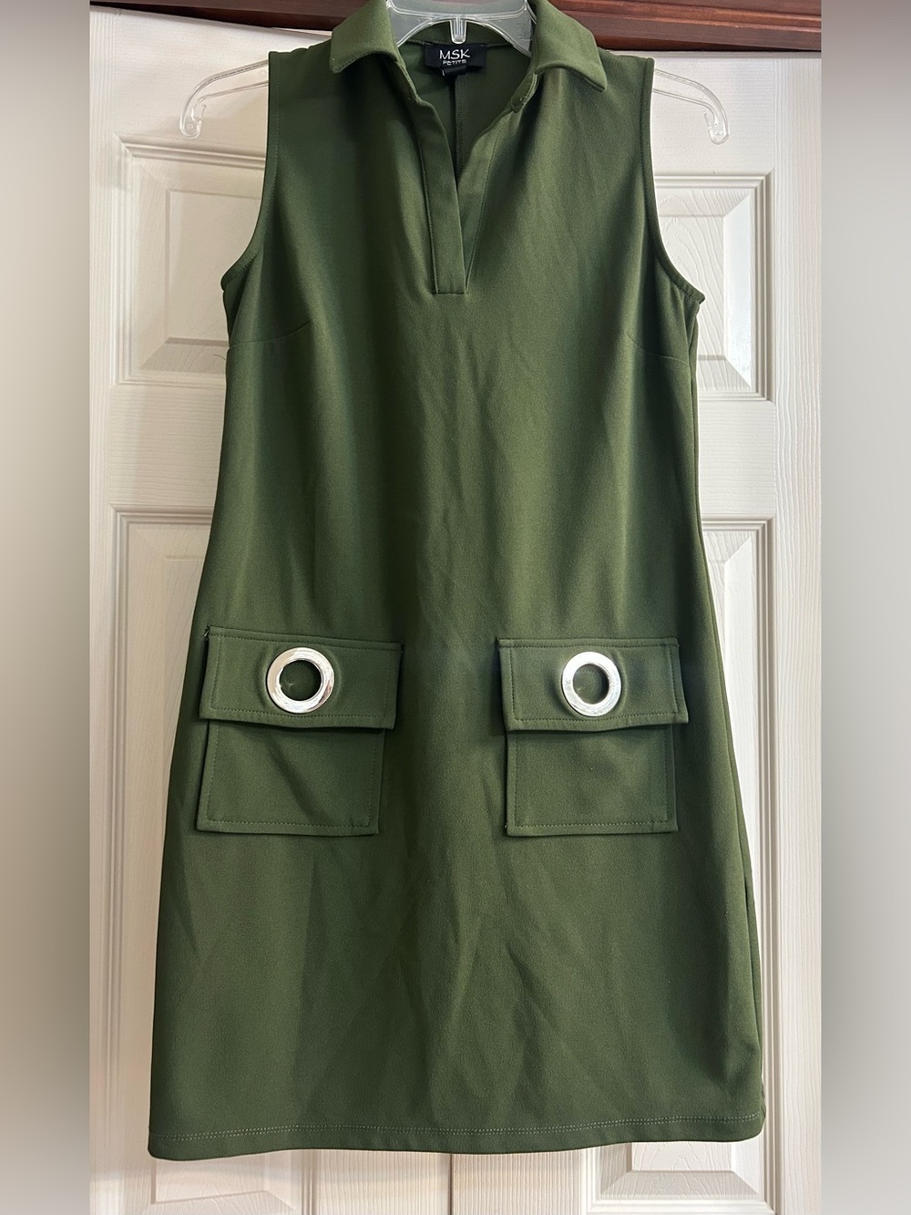 MSK Olive Green Sleeveless Shift Dress with Silver Grommet Pocket Detail